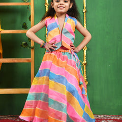 Multicolor Leheriya Cotton Skirt & Top Set for Girls