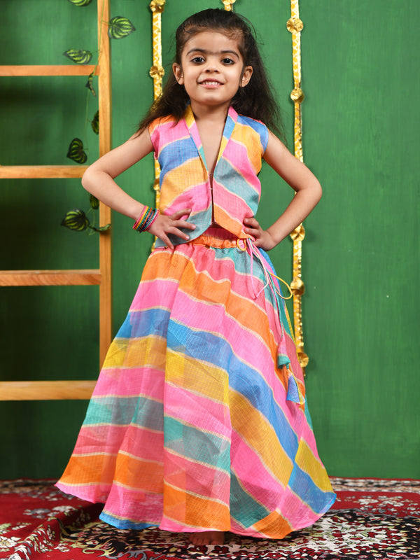 Multicolor Leheriya Cotton Skirt & Top Set for Girls
