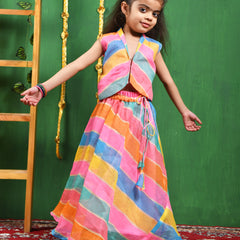Multicolor Leheriya Cotton Skirt & Top Set for Girls