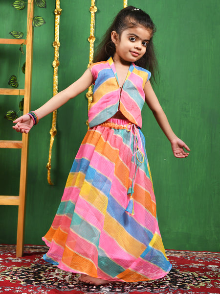 Multicolor Leheriya Cotton Skirt & Top Set for Girls