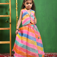 Multicolor Leheriya Cotton Skirt & Top Set for Girls