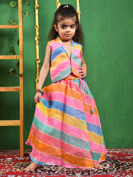 Multicolor Leheriya Cotton Skirt & Top Set for Girls