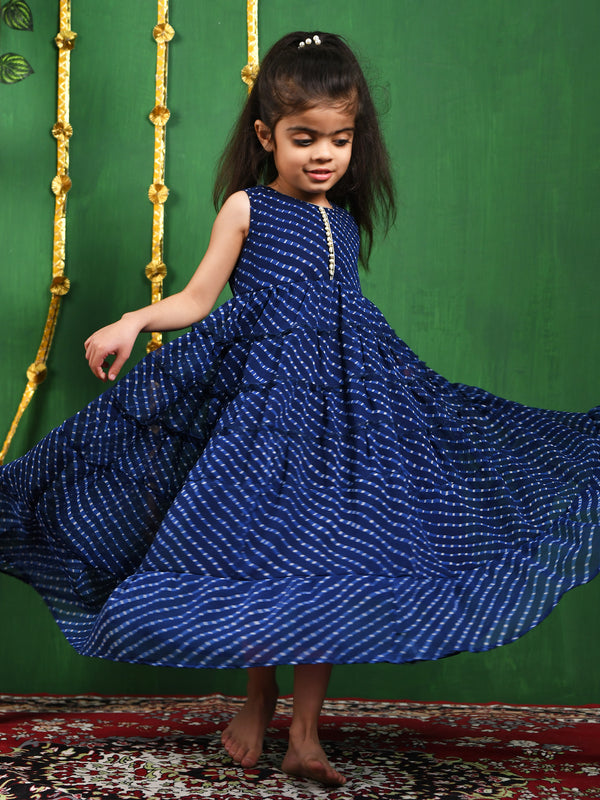 Blue Leheriya Georgette Anarkali Gown for Girls