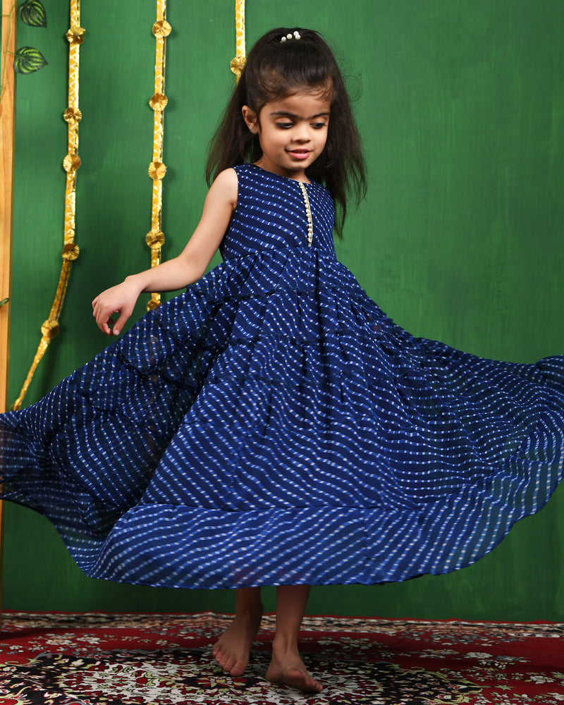 Blue Leheriya Georgette Anarkali Gown for Girls