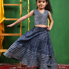 Blue Bandhani Silk Lehenga Set for Girls