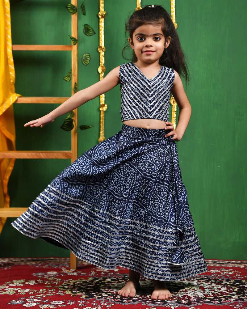 Blue Bandhani Silk Lehenga Set for Girls