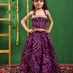 Wine Bandhani Cotton Lehenga Set for Girls