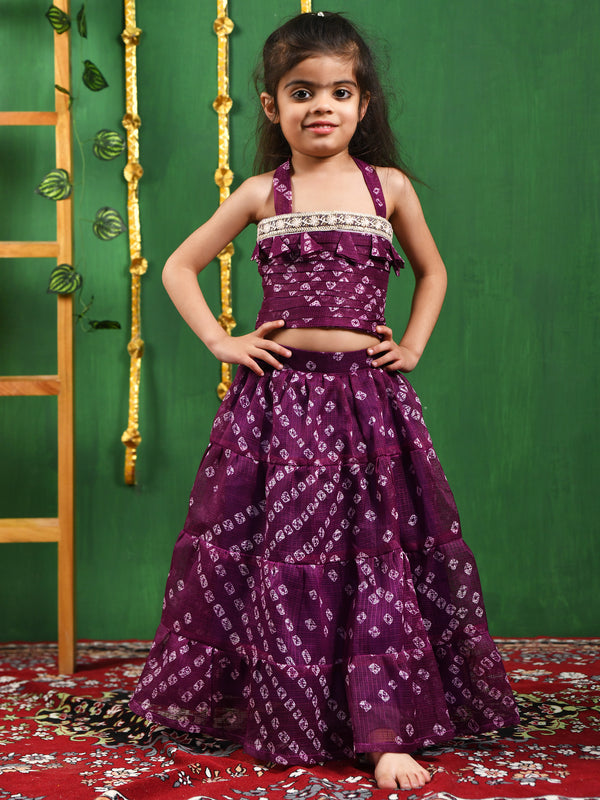 Wine Bandhani Cotton Lehenga Set for Girls