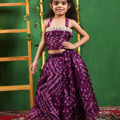 Wine Bandhani Cotton Lehenga Set for Girls