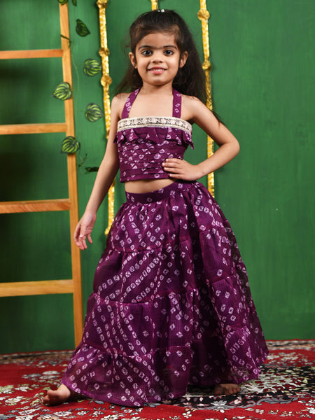 Wine Bandhani Cotton Lehenga Set for Girls
