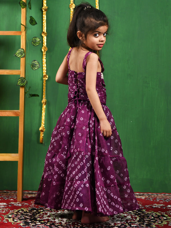 Wine Bandhani Cotton Lehenga Set for Girls