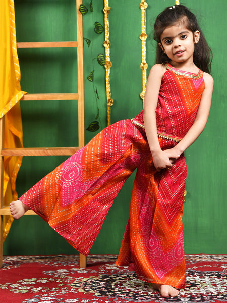 Magenta Bandhani Cotton Top & Palazzo Set for Girls