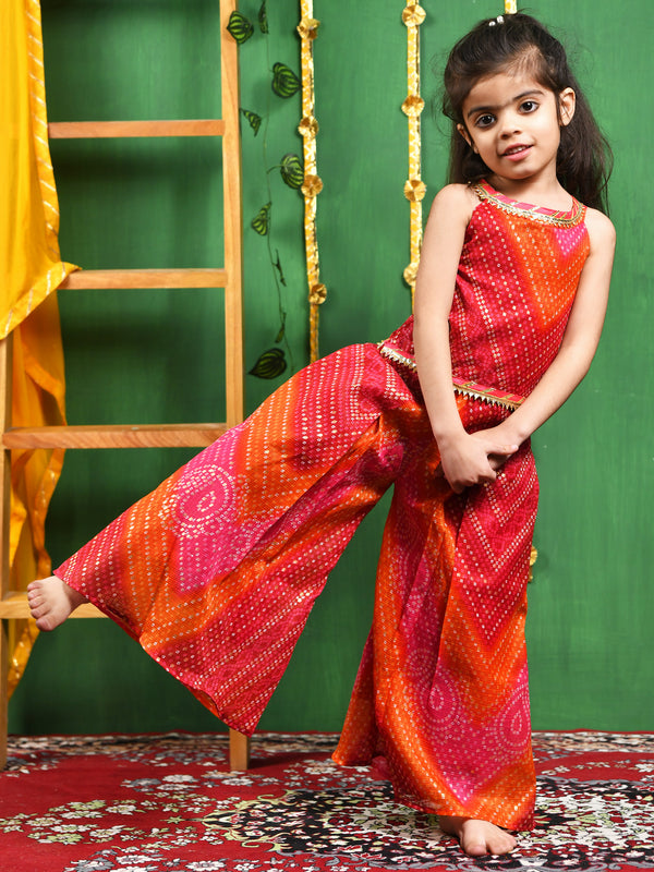 Magenta Bandhani Cotton Top & Palazzo Set for Girls