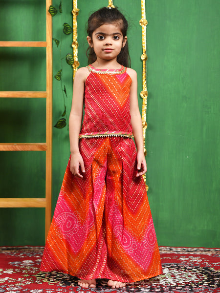 Magenta Bandhani Cotton Top & Palazzo Set for Girls