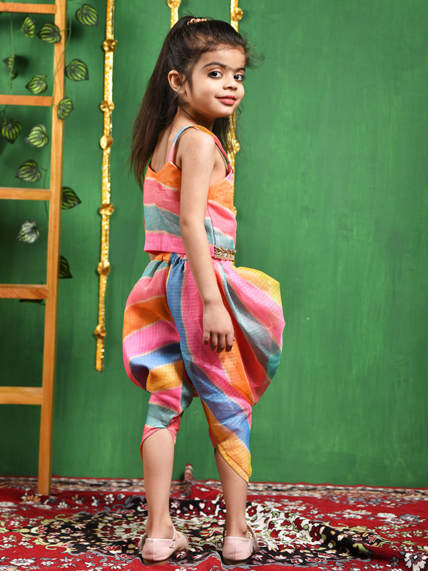 Multicolor Leheriya Cotton Top & Dhoti Set for Girls
