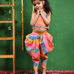Multicolor Leheriya Cotton Top & Dhoti Set for Girls