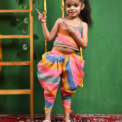 Multicolor Leheriya Cotton Top & Dhoti Set for Girls