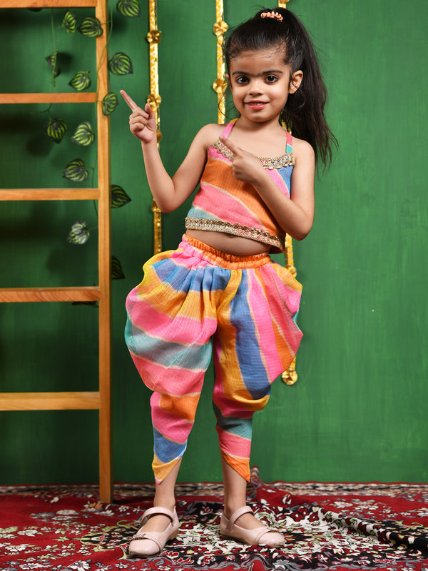 Multicolor Leheriya Cotton Top & Dhoti Set for Girls