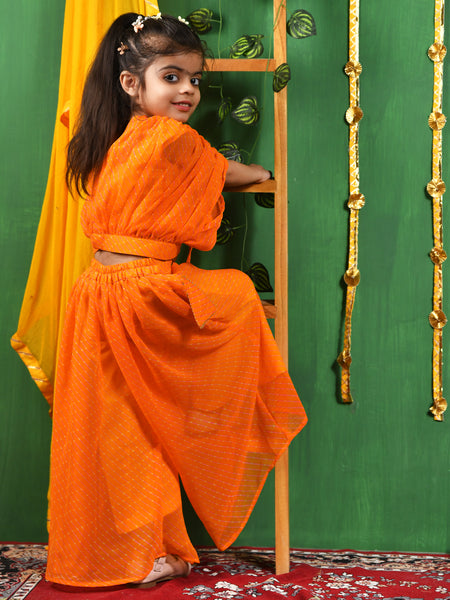 Yellow Printed Georgette Top & Palazzo Set for Girls