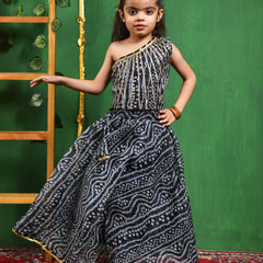 Black Bandhani Cotton One-Shoulder Lehenga Set for Girls