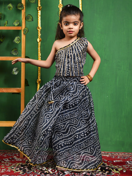 Black Bandhani Cotton One-Shoulder Lehenga Set for Girls