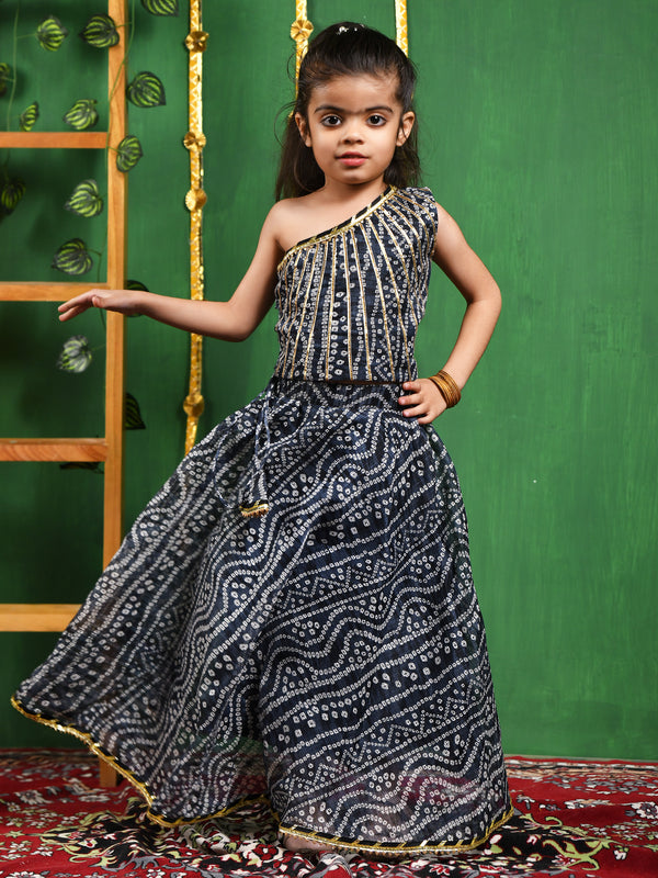 Black Bandhani Cotton One-Shoulder Lehenga Set for Girls