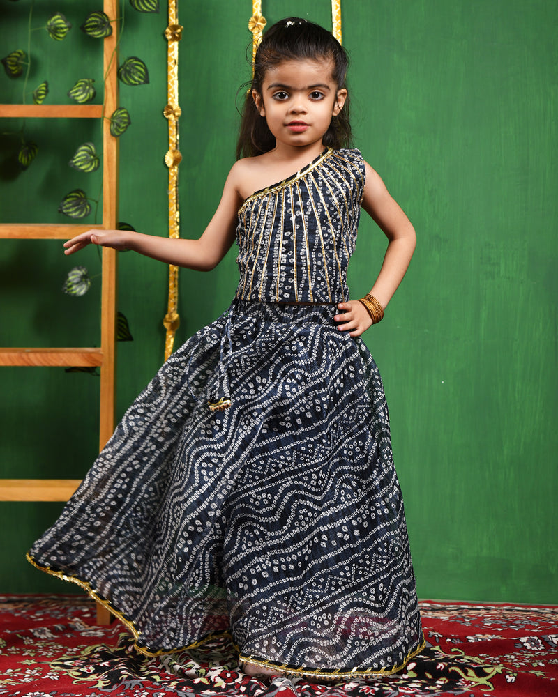 Black Bandhani Cotton One-Shoulder Lehenga Set for Girls