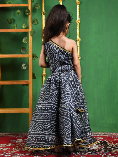 Black Bandhani Cotton One-Shoulder Lehenga Set for Girls