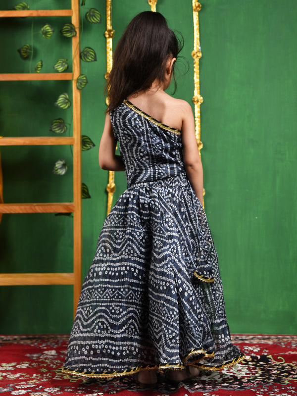 Black Bandhani Cotton One-Shoulder Lehenga Set for Girls