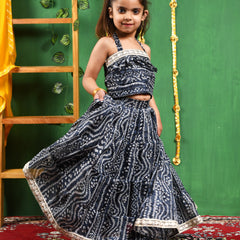 Black Bandhani Cotton Lehenga Set for Girls