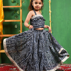 Black Bandhani Cotton Lehenga Set for Girls