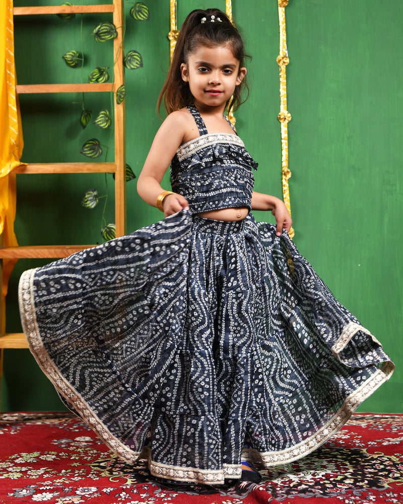 Black Bandhani Cotton Lehenga Set for Girls