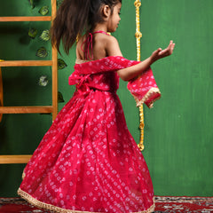 Magenta Bandhani Pleated Lehenga Set for Girls