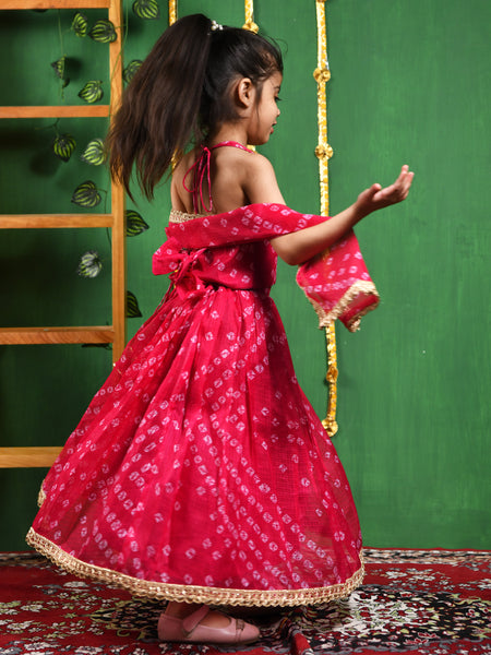 Magenta Bandhani Pleated Lehenga Set for Girls