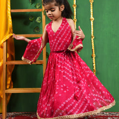 Magenta Bandhani Pleated Lehenga Set for Girls