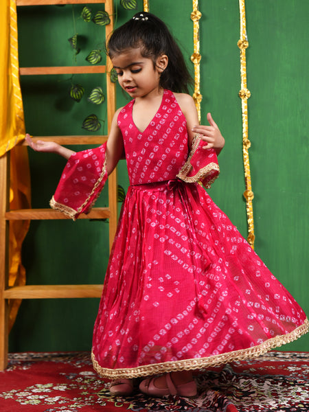 Magenta Bandhani Pleated Lehenga Set for Girls