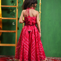 Magenta Bandhani Pleated Lehenga Set for Girls