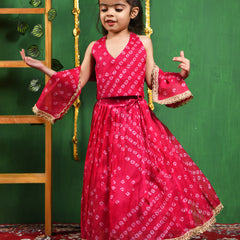 Magenta Bandhani Pleated Lehenga Set for Girls