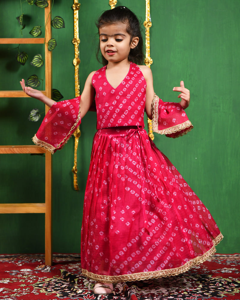 Magenta Bandhani Pleated Lehenga Set for Girls
