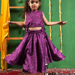 Wine Bandhani Double Layered Lehenga Set for Girls