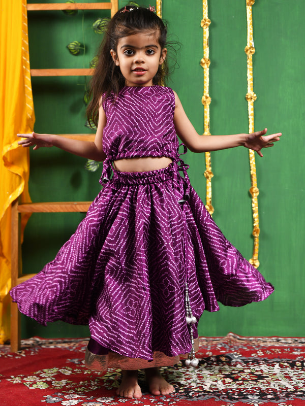 Wine Bandhani Double Layered Lehenga Set for Girls