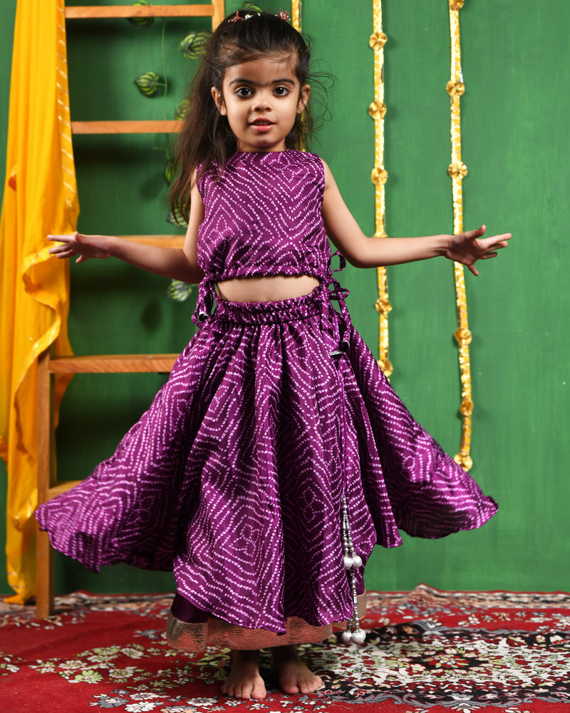 Wine Bandhani Double Layered Lehenga Set for Girls