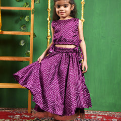 Wine Bandhani Double Layered Lehenga Set for Girls