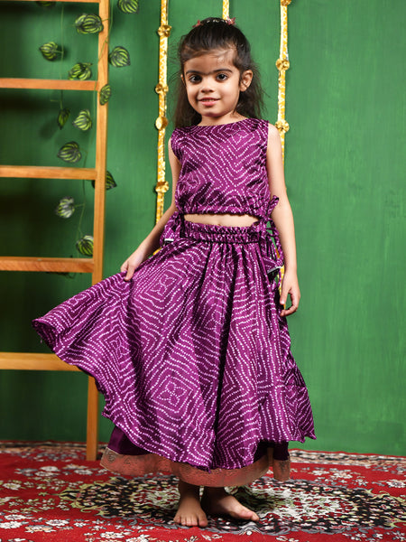 Wine Bandhani Double Layered Lehenga Set for Girls
