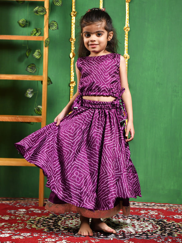 Wine Bandhani Double Layered Lehenga Set for Girls