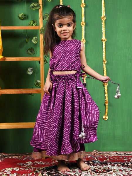 Wine Bandhani Double Layered Lehenga Set for Girls