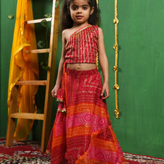 Magenta Bandhani One Shoulder Top Lehenga Set for Girls
