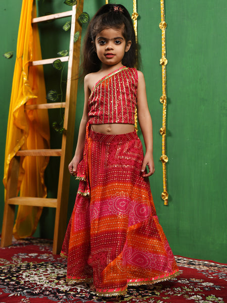 Magenta Bandhani One Shoulder Top Lehenga Set for Girls