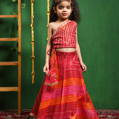 Magenta Bandhani One Shoulder Top Lehenga Set for Girls