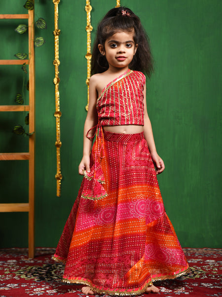 Magenta Bandhani One Shoulder Top Lehenga Set for Girls